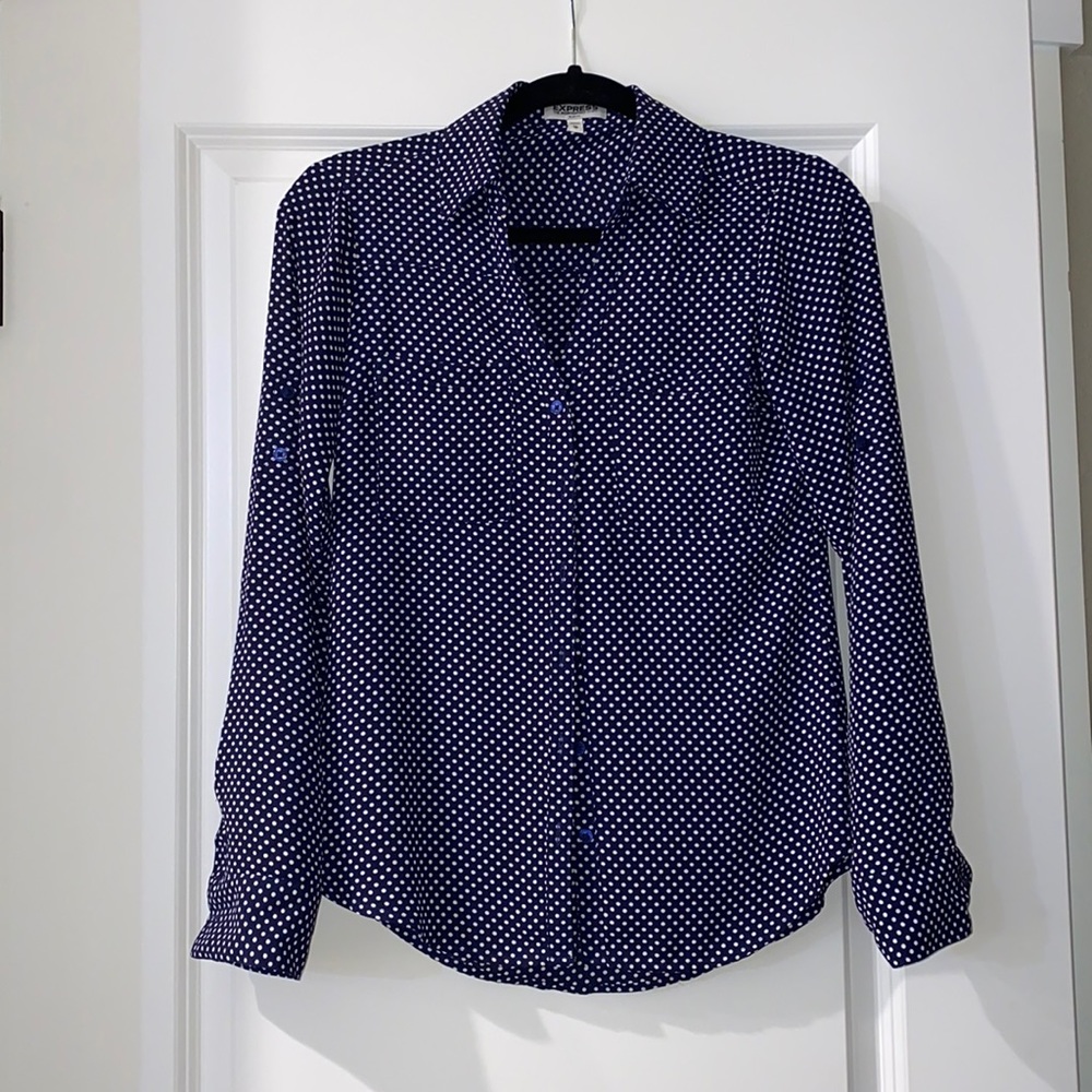 Navy+white. EXPRESS button-up dress shirt XS. Worn, no stains/holes/marks.